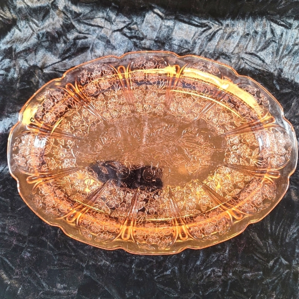 0779. Vintage Jeanette Glass Platter ~ Pink Cherry Blossom ~ Depression Glass ~